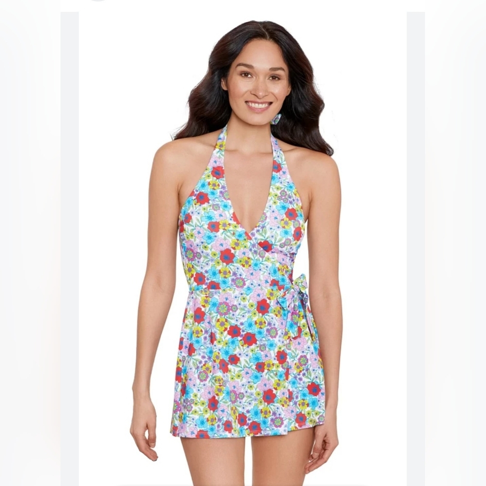 Draper James Vibrant Make It Poppy Faux Wrap Halter Swimsuit 1 Pc Small